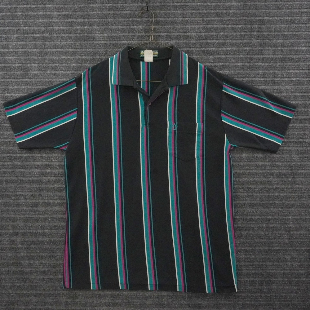 Vintage 90s Munsingwear Polo Shirt Mens L Black Striped Penguin Logo USA Made